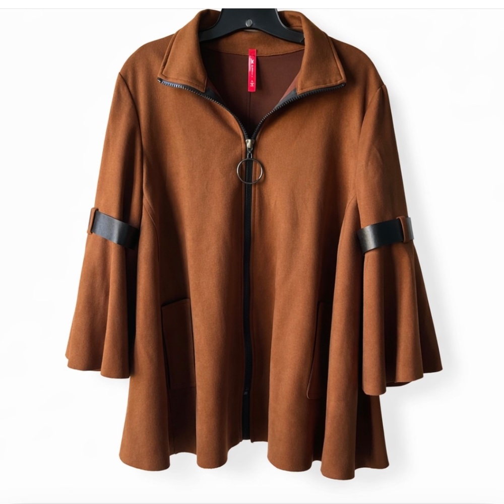 IC by Connie Elegant Brown with Black Cuff Zip Jacket Classic Chic Neutral Layer